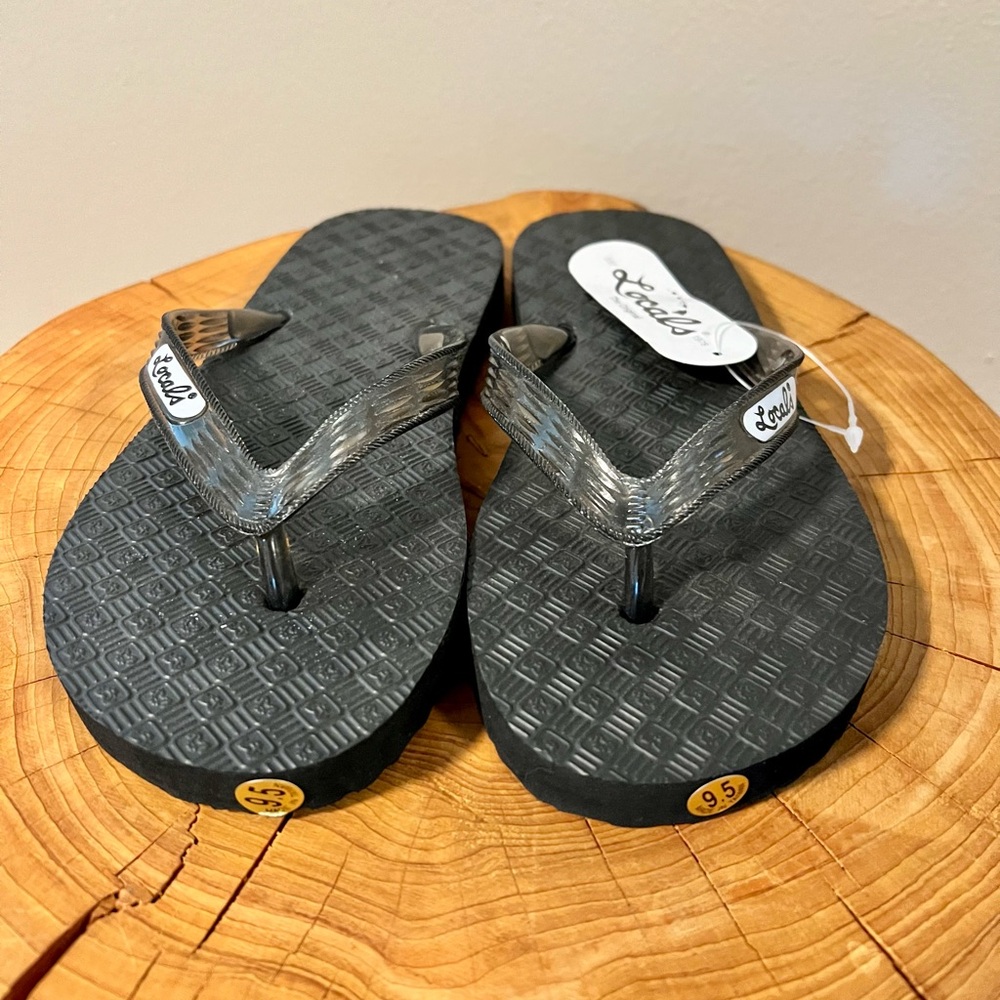 NWT Locals Hawaiian Black Flip Flops with Clear Black Straps